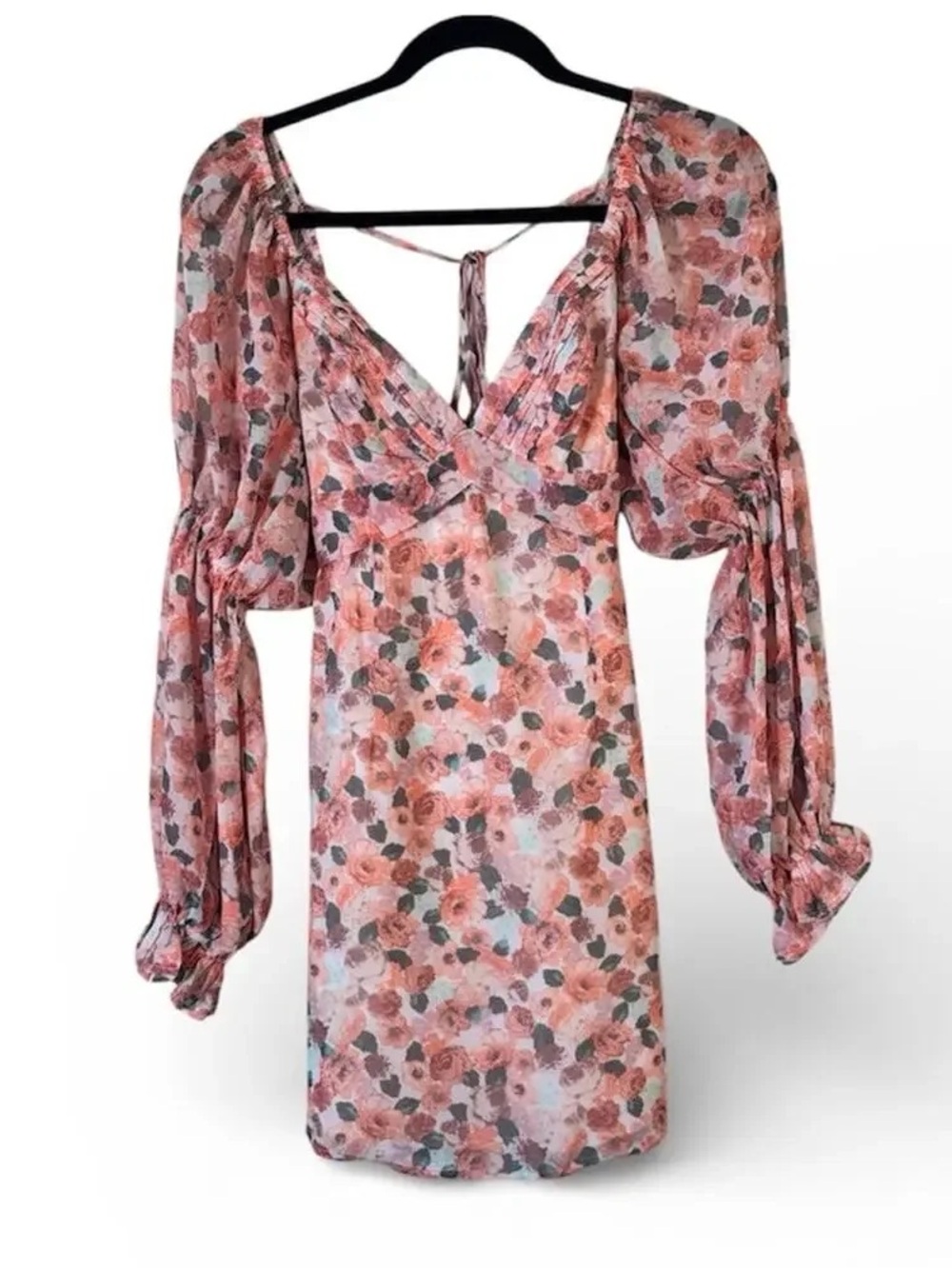 Floral Pink Puff-Sleeve V-Neck Mini Dress - Unbranded